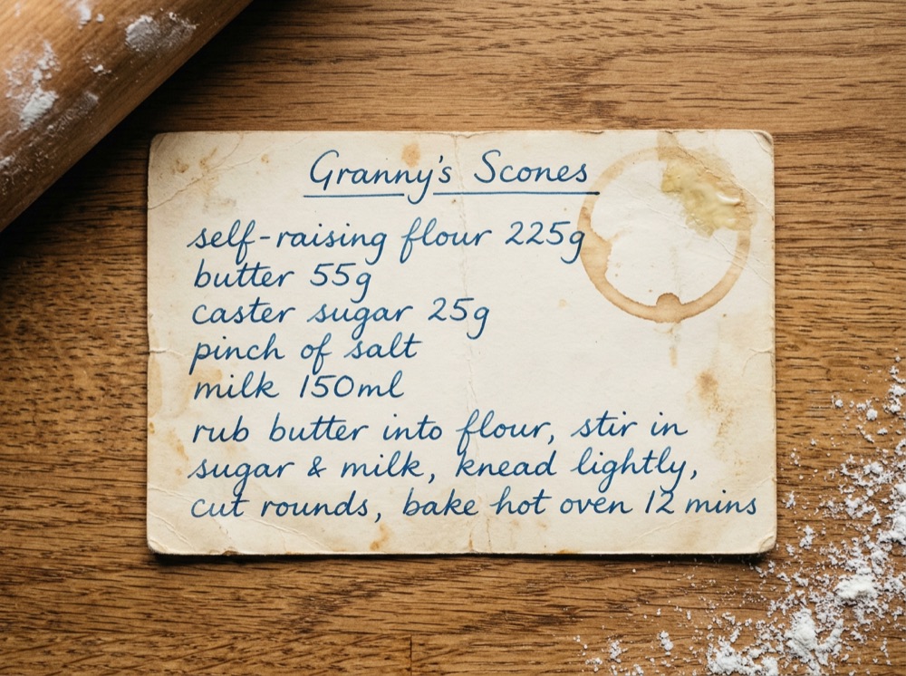 Handwritten scone recipe card, photographed for conversion